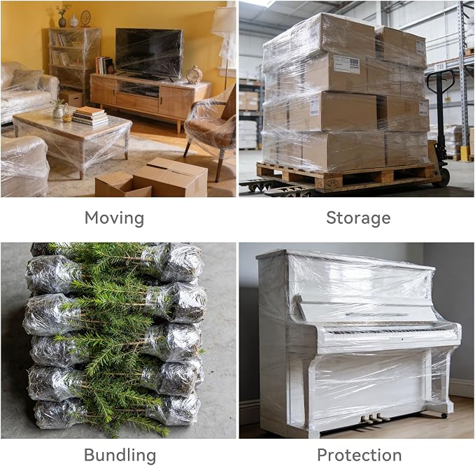 Plastic Shrink Wrap Roll for Moving, 5" x 1200' -12 Rolls | 80 Gauge, 500% Stretch, Heavy Duty, With Handles, Saran Wrap For Moving, Shipping, Packing, Pallet & Furniture Protection