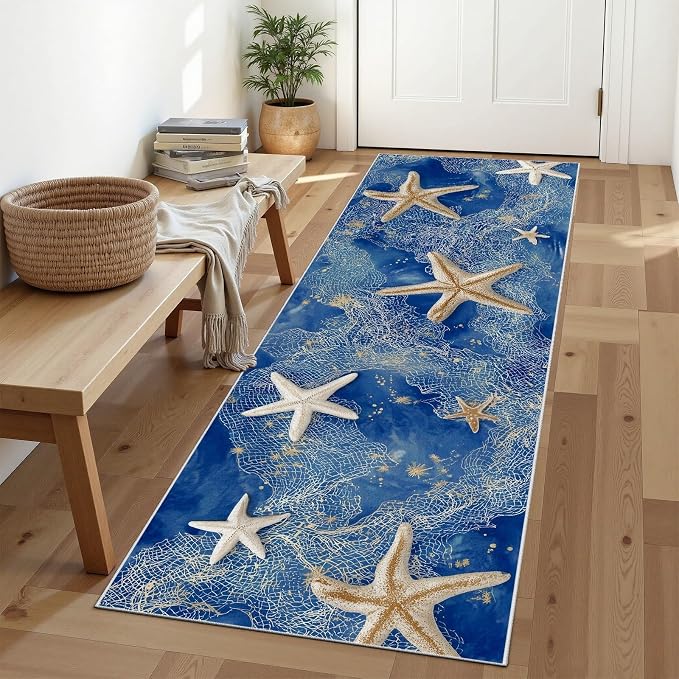 Watercolor Sea Hallway Runner Rug 4x10 - Starfish Washable Non Slip Runners Rug, Seaside Fishing Net Soft Low Pile Ktichen Rugs for Entrance Corridor Living Room Bedroom