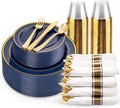 WDF Partyware 175PCS Blue and Gold Plastic Plates - Navy Blue Plates with Pre Rolled Napkins for Party - 25Guest Disposable Dinnerware Sets for Party/Birthday/Wedding