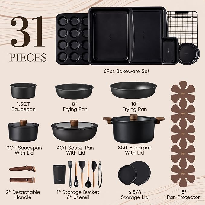 CAROTE 31pcs Nonstick Pots and Pans Set with Baking Pans Set, Cookware Sets with Detachable Handle, Kitchen Cooking Set - Camping Cookware, Dishwasher & Oven Safe, Induction Compatible