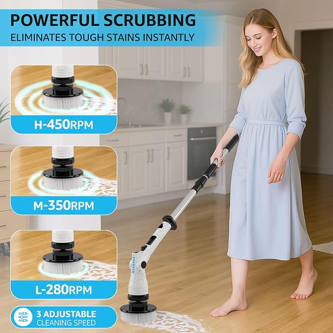 Electric Spin Scrubber, 3-Speed Adjustable Head Shower Bathroom Scrubber | 8 Replaceable Heads, 54" Extendable Long Handle, IPX6 Waterproof, Shower Cleaner Brush, Cordless for Tub Grout Tile Floor Car