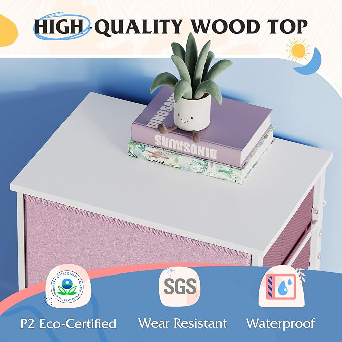 WLIVE Small Dresser Nightstand for Bedroom, 4 Drawers, A-Pink | 4 vertical fabric drawers, Space-saving tower, Bedroom or closet use, Chest of drawers, Dresser for small spaces