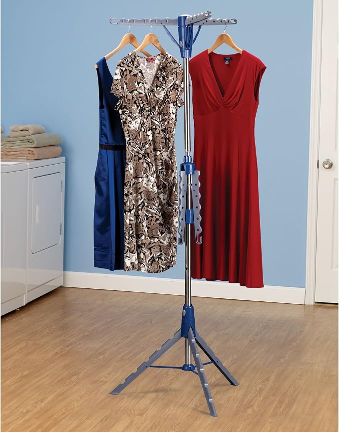 Household Essentials 5012-1 Portable 2-Tier Clothes Drying Rack Tri-pod | Dry Wet Laundry or Hang Clothes | Silver and Blue