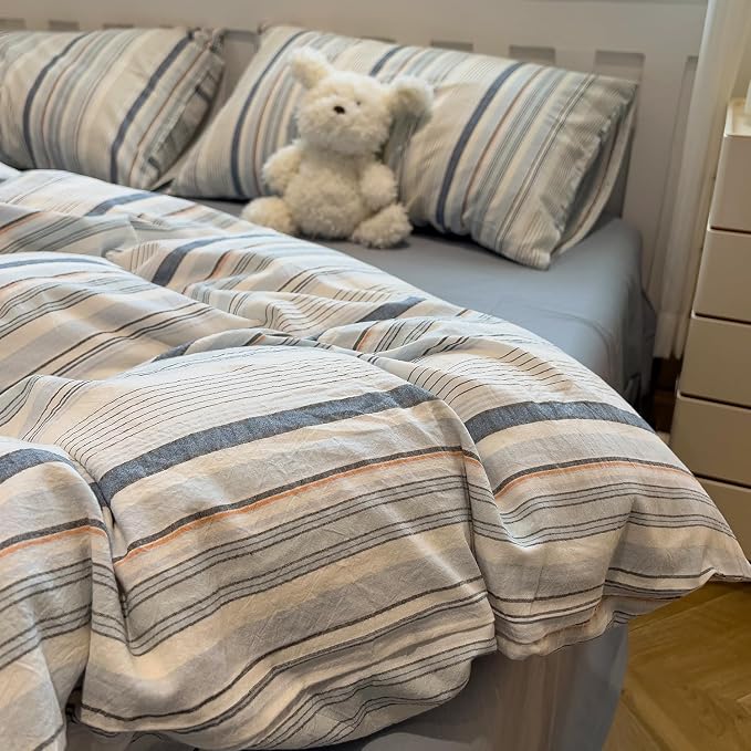 mixinni Vintage Blue and White Striped Duvet Cover Set Full - 100% Washed Cotton 3 Piece Bedding Set with Geometric Pattern, Soft Breathable Comforter Cover with Zipper Closure & Corner Ties