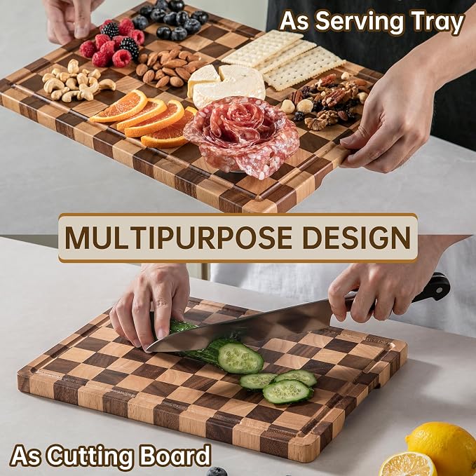 Checkered Cutting Board, Wooden Cutting Boards for Kitchen | Acacia Wood Cutting Board with Handle & Juice Grooves, Small Charcuterie Boards with Gift Box, 14" X 11" X 0.8"