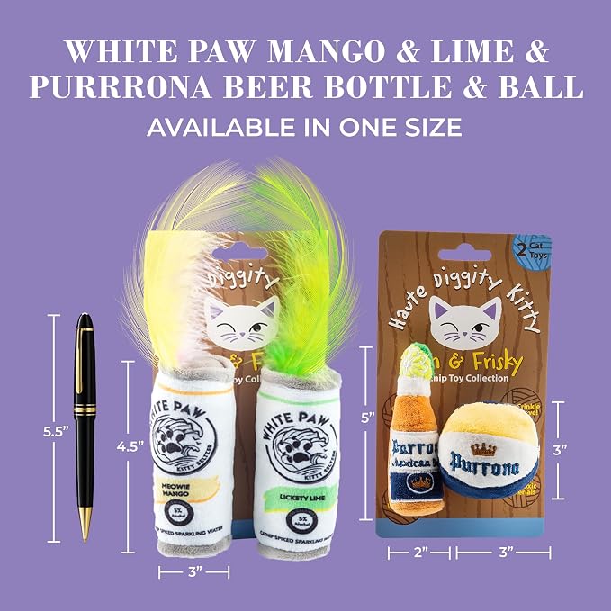 Haute Diggity Kitty White Paw Mango & Lime + Purrrona Beer Bottle & Ball Set, Plush Cat Toys Catnip Filled with Interactive Crackle Sound, Safe & Durable Toys for Cat & Kitten, 4 Pcs