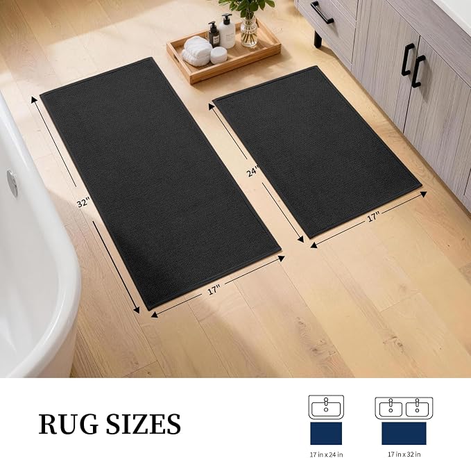 YIHOUSE Black Bathroom Rugs Sets 2 Piece, Quick Dry Thin Bath Mat, Non Slip Absorbent Machine Washable, Bath Rugs for Bathtub Sink Home Decor (17"x24" + 17"x32")