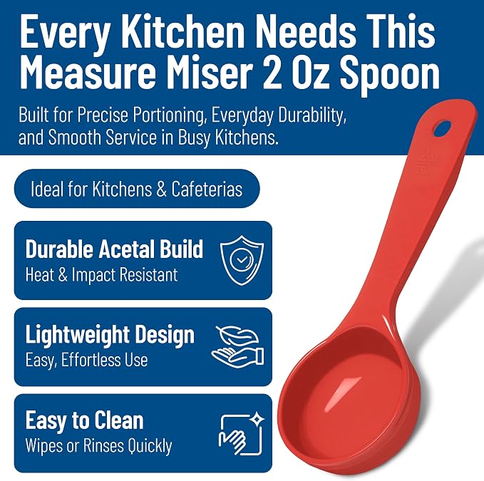 Carlisle FoodService Products 7.10 " 2 Ounce Solid Measuring Spoon – Flat Bottom – Portion Control Spoon – Short Handle Spoon, Red, (Pack of 12)