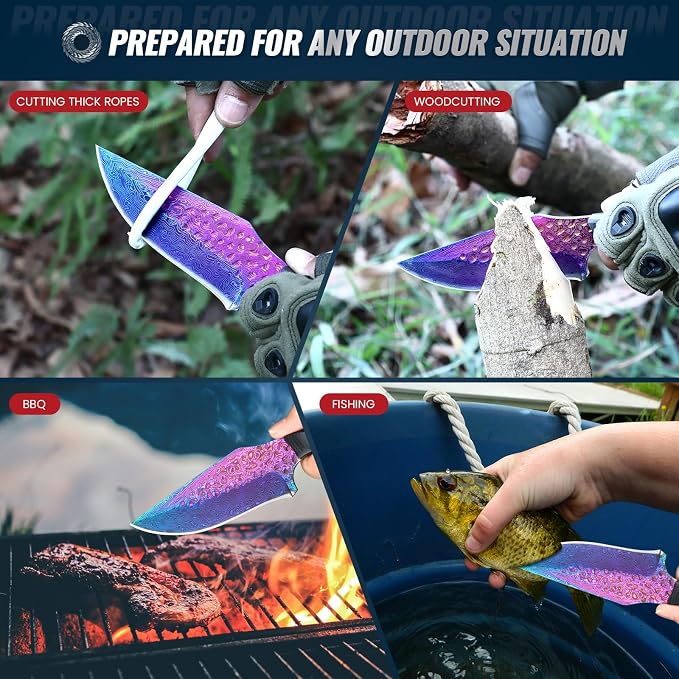 Premium Hunting Knife with Leather Sheath, 4.2" Damascus Style Fixed Blade Knife, Rainbow Titanium Coated German High Carbon Steel, Two-Tone Wood Handle,Unique Outdoor EDC Knife Gift for Men and Women (Dazzling colors)
