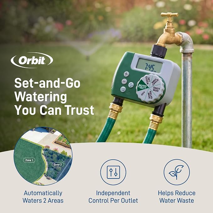 Orbit Programmable Digital Hose Watering Timer - 2 Outlet - Battery Powered - with LCD Screen - Built-in Rain Delay - Water-Resistant - 58910