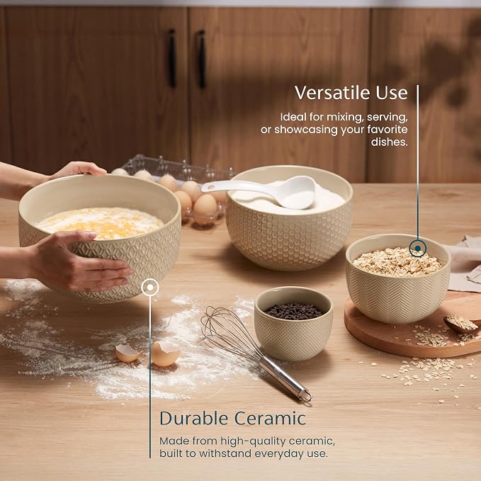 KooK Ceramic Mixing Bowls, Nesting Set of 4, Embossed Kitchen Dishware, Prep, Serving, Gift, Microwave and Dishwasher Safe, 20/44/98/145 oz, Narbonne Collection (Almond)