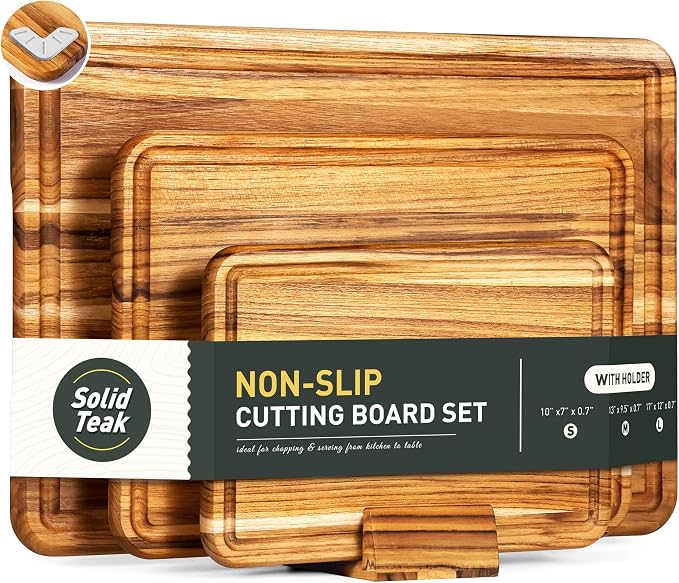 Wooden Cutting Board 3 Pack Teak Wood Cutting Boards for Kitchen Non Slip | Heavy Duty, Non Toxic Slip, Solid Thick, Wood Haus Chopping Board, Extra Large Big Small, Meat Best, Wooden Charcuterie Board