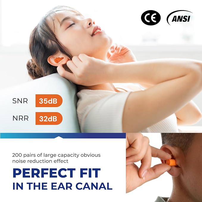 ATERET Earplugs 200 Pairs & 12 Pairs of Safety Glasses I 32db Noise Cancelling Soft Disposable Ear Plugs I Safety Hearing & Eye Protection for Hunting Shooting Range Work Construction