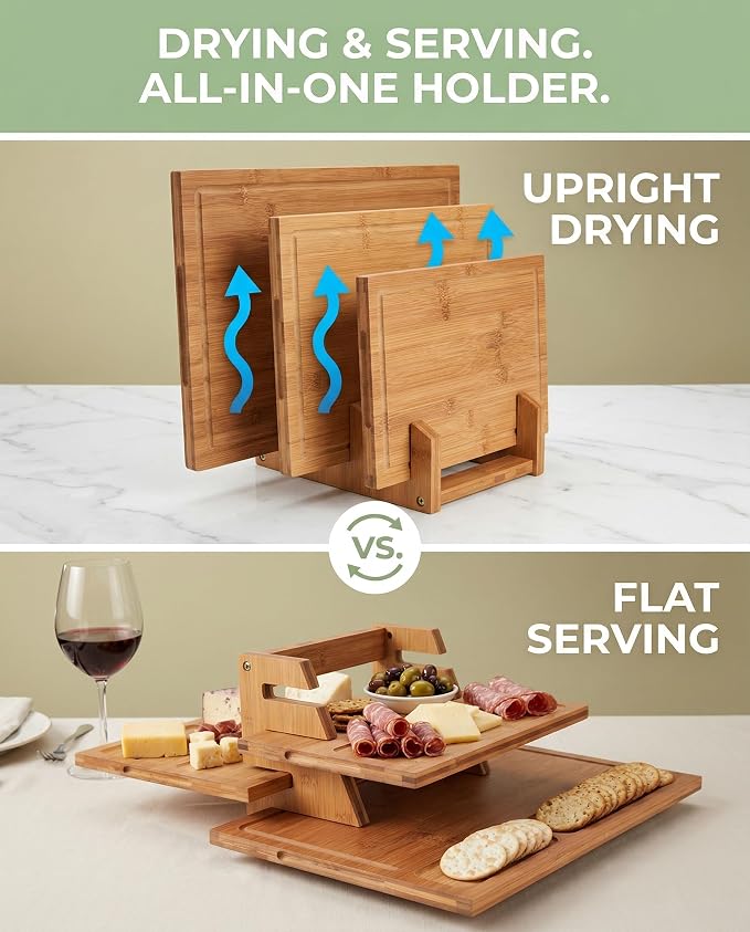 CARTMAN 3-Piece Bamboo Cutting Boards for Kitchen with Stand & Holder | Includes 3 sizes & dual-purpose stand for charcuterie, 100% non-toxic bamboo, deep juice groove, warp-proof 3-layer