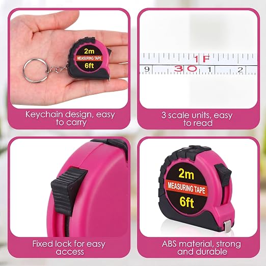 Kanayu 50 Pcs Mini Tape Measure Keychains 6 ft Small Retractable Measuring Tape Bulk with Lock Steel Easy Read Pocket for Birthday Party Favors Daily Use (Rose Pink)