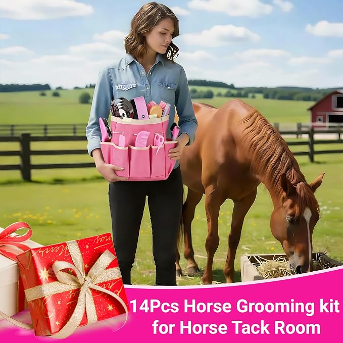Horse Grooming Kit, 14-in-1 Professional Horse Brush Supplies Set for Grooming & Care, with Horse Brushes, Curry Comb, Hoof Pick & Waterproof Storage Tote Bag for Shining, Detangling, Massaging(Pink)
