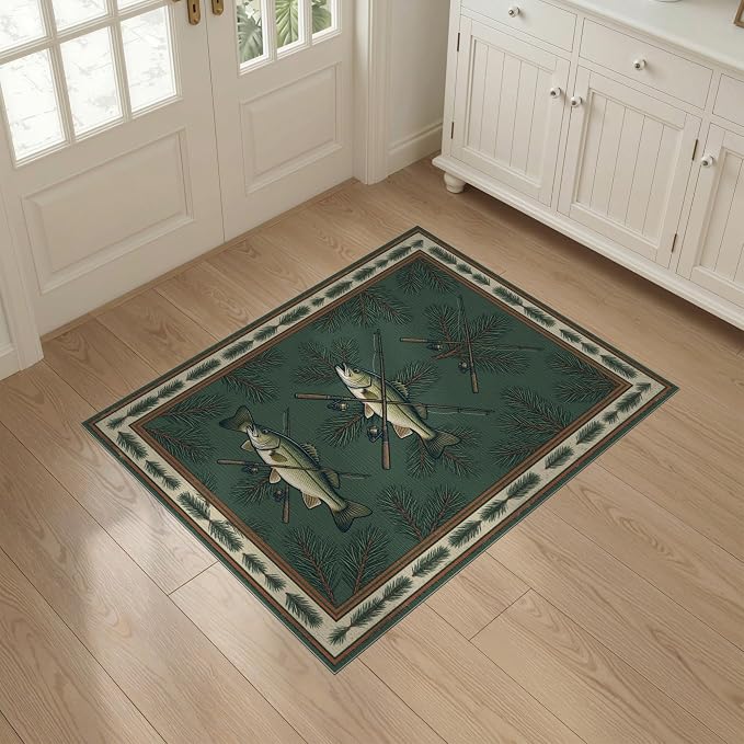 3'x5' Washable Area Rug Bass Vintage Lake Cabin Angler Lure Tackle Motif Fish Fishing Refined Structured Stain Resistant Flatwoven for Entryway, Kitchen, Mudroom