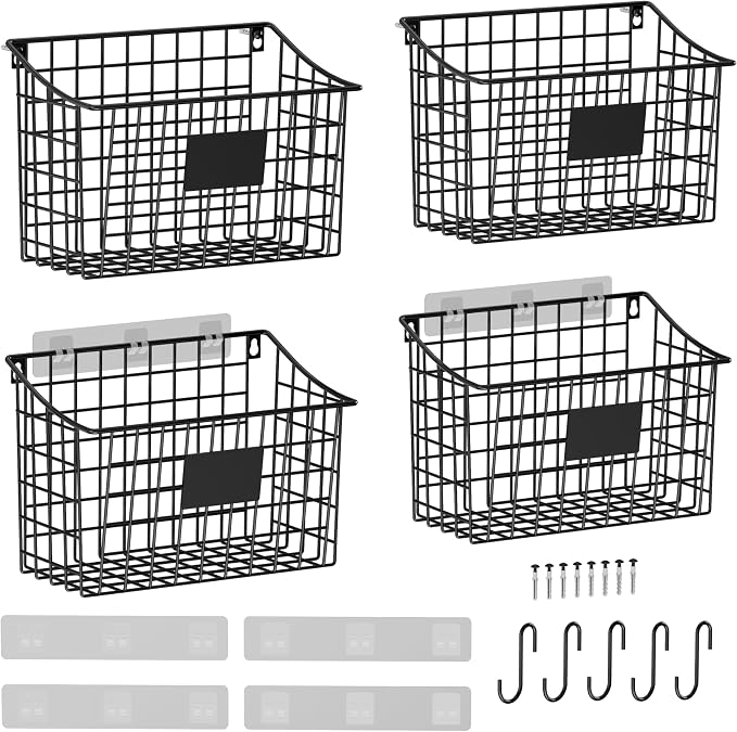 Wall Basket with Label Plate & 5 S-Hooks –4 Pack Hanging Wire Basket for Organizing, Wall Storage for Kitchen, Bathroom, Pantry, Laundry, RV – Hanging Wall Basket, Metal