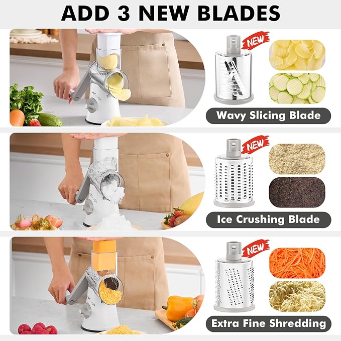 GDL Cheese Grater Hand Crank - Upgraded 6-in-1 Cheese Grater with Handle and Strong Suction Base, Multi-purpose Cheese Shredder Vegetable Slicer Ice Shaver for Potato, Vegetables, Nuts, Chocolate