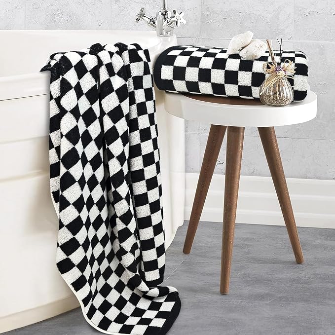 Jacquotha Black and White Checkered Cotton Bath Towels Set of 2 | Cute Aesthetic Towels for Bathroom Decor, Pool, Beach, Spa, 27.5" x 55"