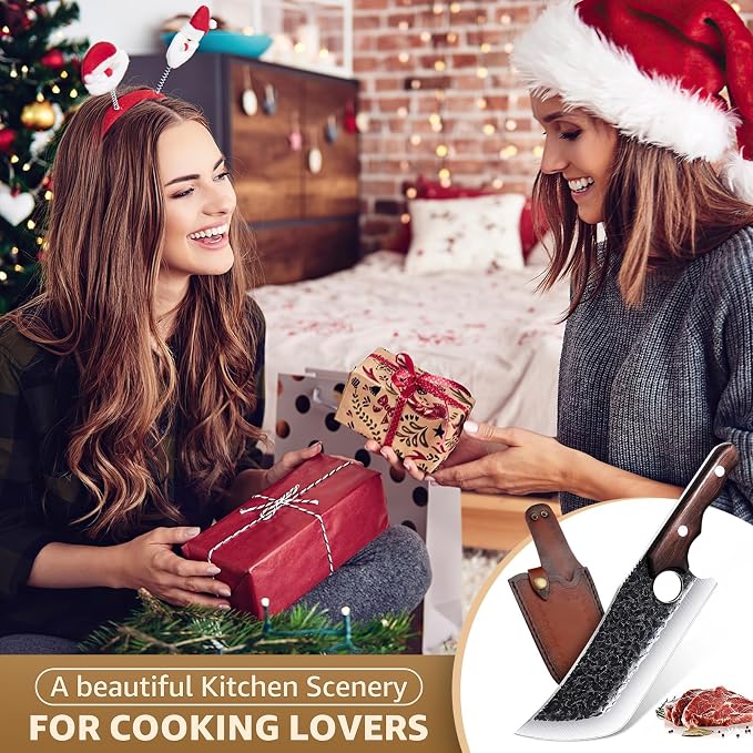 DRGSKL Hand Forged Meat Cleaver Knife with Belt Sheath and Gift Box | Japanese ATS-34 Steel, Hand Forged Full Tang Knife, Ebony Handle, Belt Sheath, Gift Box, Anti-stick Pounding Texture