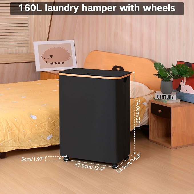 IEGrow Laundry Hamper with Lid,160L Laundry Basket with 3 Mesh Bags,Black | Dirty Clothes Hamper Basket with Bamboo Handle for Clothes Towels