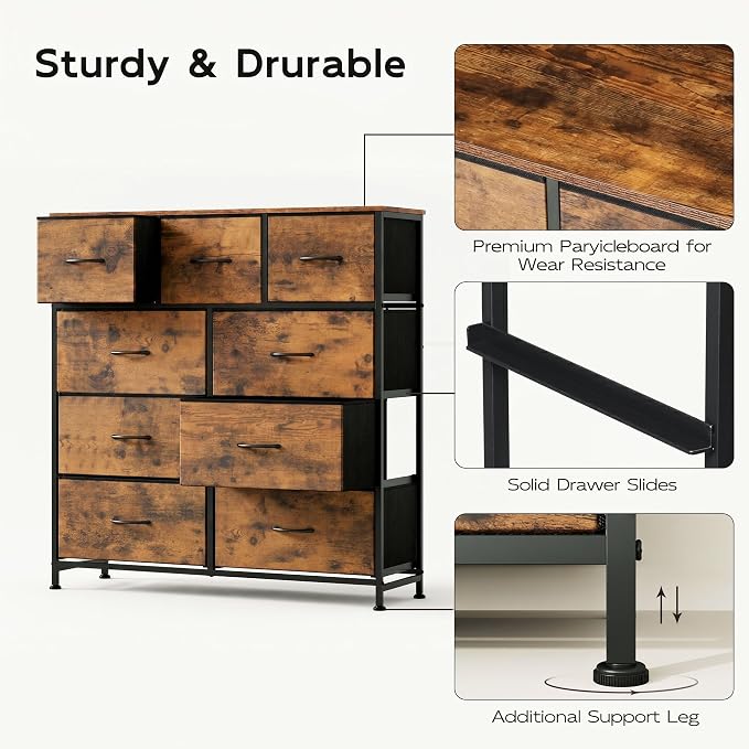 WLIVE 9-Drawer Dresser, Fabric Storage Tower for Bedroom, Hallway, Entryway, Closet, Tall Chest Organizer Unit with Fabric Bins, Steel Frame, Wood Top, Easy Pull Handle, Rustic Brown Wood Grain Print