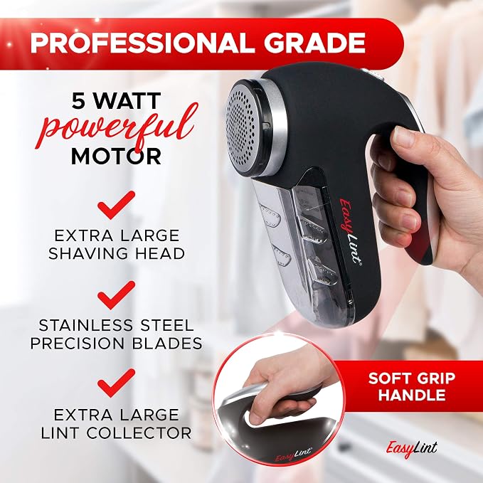 EasyLint Professional Fabric Shaver Lint Remover, Electric Sweater Shaver for Clothes & Furniture Works with AC Adapter or Batteries, Pilling Remover with 2-Blades, Cleaning Brush & Power Cord