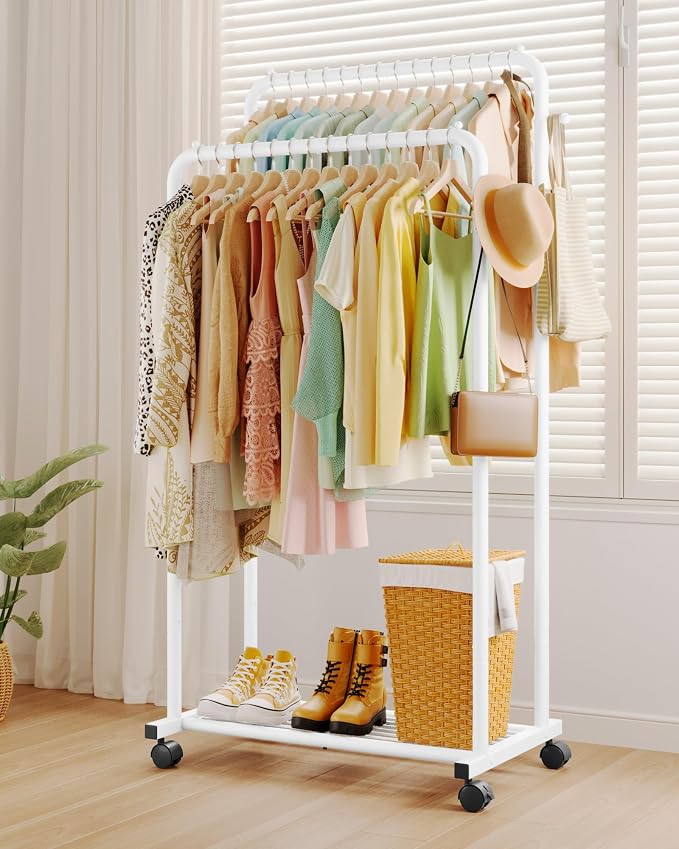 Sakugi Clothes Rack - Double Rods Clothing Rack with Mesh Shelf, Hooks & Wheels, Metal Clothing Racks for Hanging Clothes & Bags, Multifunctional Garment Rack for Laundry, White, 28.7" x 16.5" x 59.1"