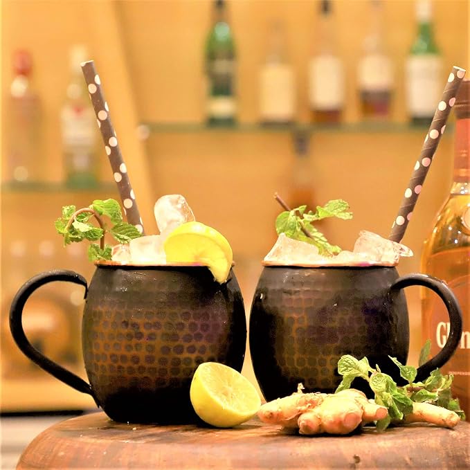 STAGLIFE 16 Oz Black Moscow Mule Mugs Pure Copper Cups for Drinking Gifts for Him on Anniversary Genuine Copper Mugs for Moscow Mules Hammered Solid Unlined Cup Mug Set of 2
