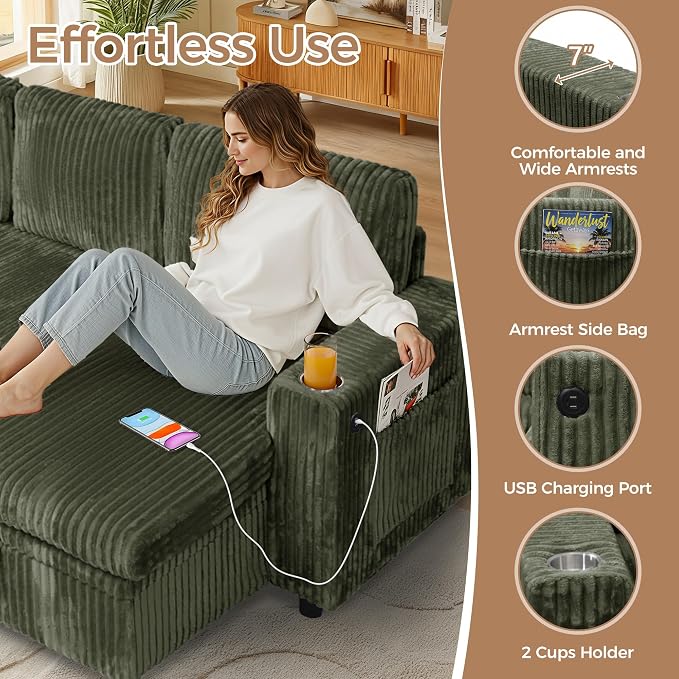 U-Shaped Couch with Pull-Out Bed. Sectional Sleeper Sofa, Green | Hidden Storage, USB & Type-C Port, Cup Holders, Cloud Corduroy, Modular Design for Living Room, Apartment, Easy Assembly