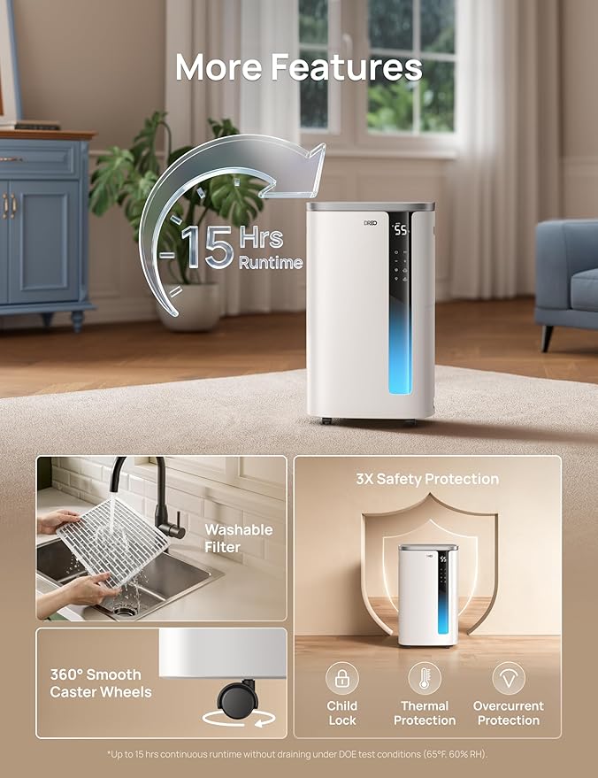 DREO 73 Pint Smart Dehumidifier for Basement, Home & Large Room up to 2000 Sq Ft, Energy Star 6.0 Dehumidifier with Drain Hose, Quiet 42dB, Auto Humidity Control, 3 Fan Speeds, Timer, Continuous Drain