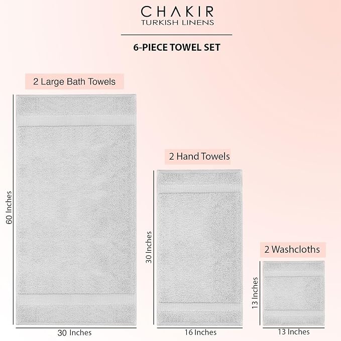 Chakir Turkish Linens 6 Piece Towel Set, 100% Cotton Turkish Towels for Bathroom, Luxury Soft Absorbent Bath Towel Set with 2 Bath Towels 2 Hand Towels 2 Washcloths, Silver Gray