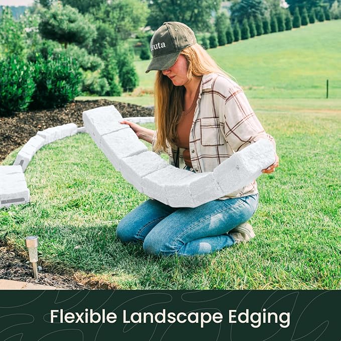 Landscape Edging | Garden Edging Border | Polyrock Blocks for Lawn Edging, Flower Beds & Yard Edging – 40 Pack | Each Section Has 6 Blocks 48" L x 4" W x 6.5" H | 80 Spikes | Limewash