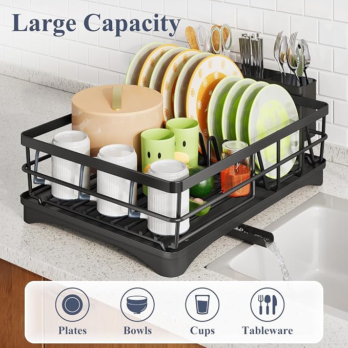 SAYZH Dish Drying Rack for Kitchen Counter with Utensil Holder, Black | Stainless Steel, Large Capacity, Angled Drainboard, Rotating Spout, Removable to Clean