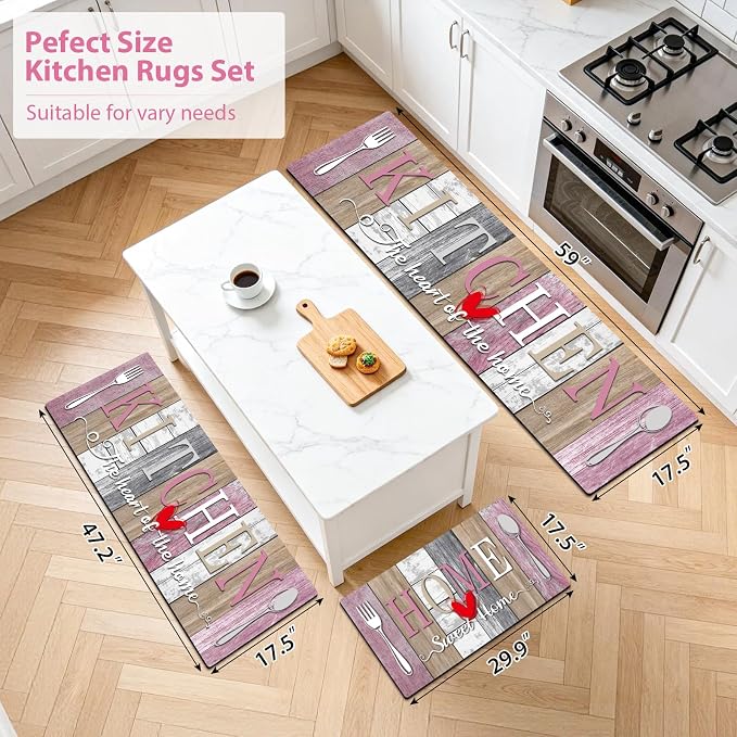 Kitchen Rugs Set 3 Piece, Non Slip Kitchen Mats for Floor, Soft Fabric with Rubber Backing, Farmhouse Anti Fatigue Runners Carpet for Home Kitchen Laundry Room Hallway (Rustic Pink & Grey)