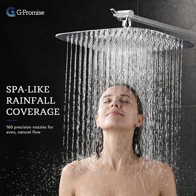 G-Promise All Metal 14 Inch Dual Square Shower Head with Handheld Spray Combo, Rain Shower Head, Adjustable Extension Arm, 3-Way Diverter, 71 Inch Extra Long Hose - A Bathroom Upgrade (Chrome)