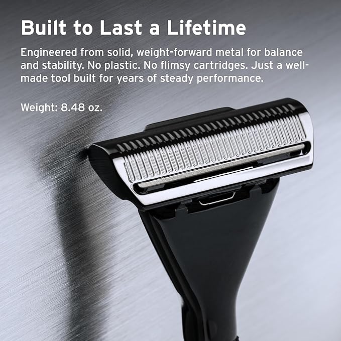 SUPPLY Single Edge Max Razor for Men – Premium Metal Single-Blade Safety Razor with Pivoting Head for Fewer Cuts and Irritation – Includes 8 Blades & Magnetic Reload System – Jet Black
