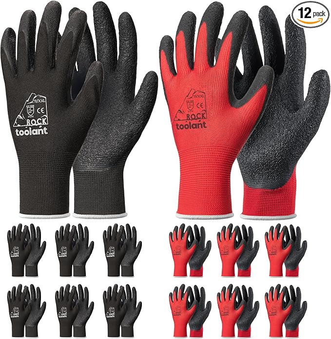 toolant Crinkle Latex Work Gloves Bulk, Rubber Coated Safety Work Gloves for Men and Women, 12 Pairs for Construction, Gardening, Warehouse (Black & Red, XX-Large)