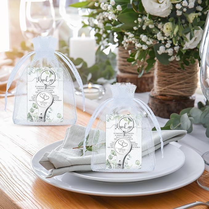 Fulmoon Wedding Multi Function Bottle Opener Nail Clipper Wedding Favors Brewery Cards White Organza Bags for Party Supplies Gift Souvenir Guests Men Women(100 Sets)