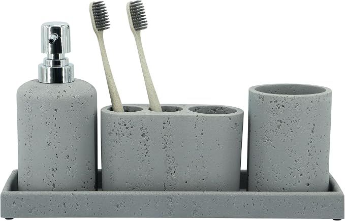 ZCCZ -Beige Bathroom Accessories Set 4 Pcs - Toothbrush Holder, Soap Dispenser, Vanity Tray, Bathroom Tumbler - Countertop Vanity Organizer - Bathroom Accessory Set- Toothbrush Holder Set, Stone Sets