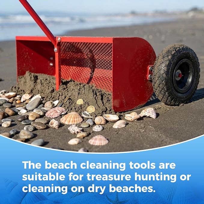 28in Beach Cleaning Tool with Wheels, Basket-Shaped Sand Sifter | Beach Cleaning Tool 28in Wide Basket-Shaped with Wheels, Beach Sand Cleaning Machine for Treasure Hunting & Family Activities