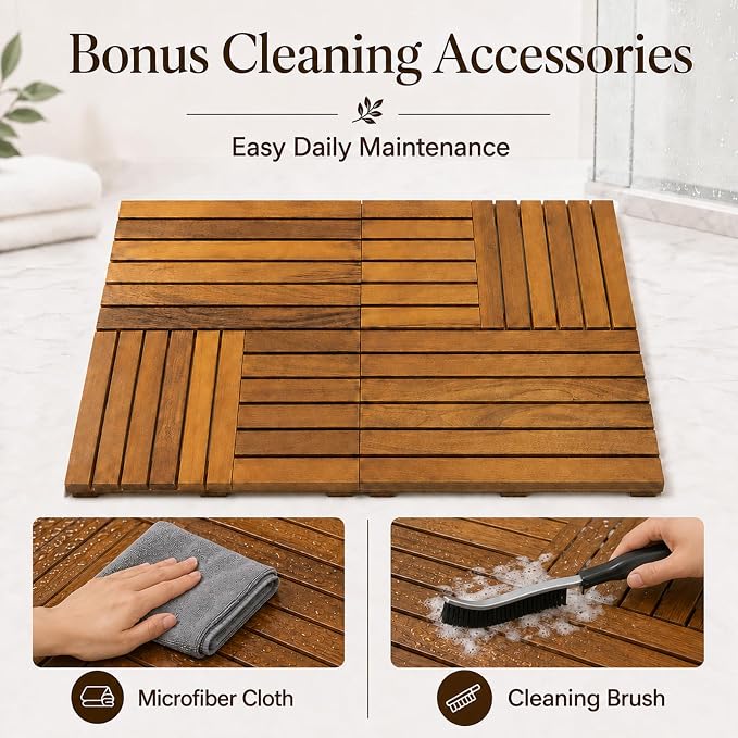 Foldable Teak Shower Mat, 36 x 20 Inch Large Teak Wood Bath Mat with Non-Slip Pads, Wooden Shower Mat for Bathroom, Indoor Outdoor Wood Shower Mat with Cleaning Brush and Cloth