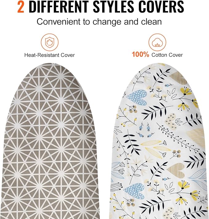 VEVOR Ironing Board with Large 43 x 13 Ironing Surface, Thickened 4 Layers Iron Board with Heat Resistant Cover and 100% Cotton Cover, 7 Adjustable Heights Ironing Board for Home Laundry Room Use