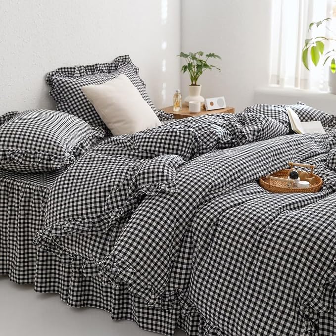 mixinni Black White Gingham Ruffle Duvet Cover King Size 3 Pieces – 100% Washed Cotton, Vintage Plaid Ruffled Bedding Set with Zipper Ties, Soft Checkered Grid Farmhouse Chic Comforter Cover Set