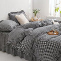 mixinni Black White Gingham Ruffle Duvet Cover Full Size 3 Pieces – 100% Washed Cotton, Vintage Plaid Ruffled Bedding Set with Zipper Ties, Soft Checkered Grid Farmhouse Chic Comforter Cover Set