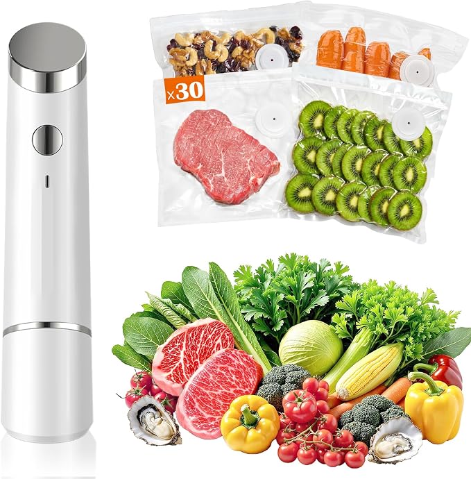 Portable Vacuum Sealer for Food, 30 Reusable Sealer Bags with 60kPa Powerful Handheld Vacuum Sealer Machine, Seal Meal Saver, Cordless Compact Food Sealer for Freezer, Microwave