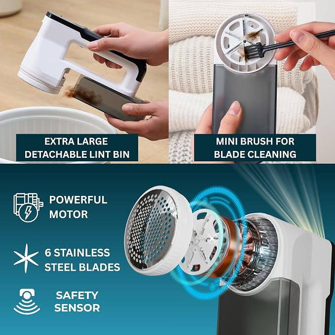 True & Tidy LED Turbo Fabric Shaver | Cordless Lint Remover with Digital Display & 3 Speeds – Perfect for Clothes, Couch & Furniture Defuzzing, White