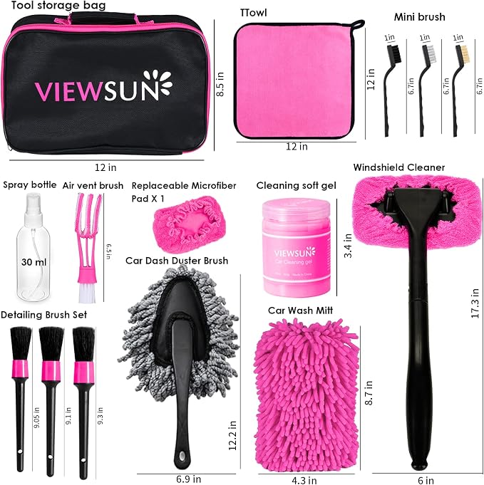 20PCS Car Cleaning Kit, Pink Car Interior Detailing Kit with Drill Brush Set, Windshield Cleaning Tool, Detailing Brushes, Wire Brushes, Cleaning Gel, Complete Cleaning Supplies for Women