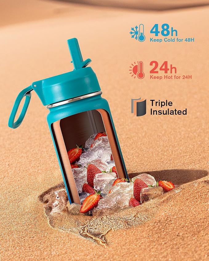 Coolflask Water Bottle 24 oz Insulated with Straw, Stainless Steel Metal 3 Lids Water Flask Wide Mouth for Sports or Office, Non-BPA Keep Cold Up to 48 Hrs or Hot Up to 24 Hrs, Indigo Blue